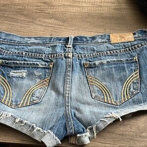 Hollister Blue Denim Shorts with Gold Stitching paint spatter
